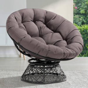 Bme 40″ Ergonomic Wicker Papasan Chair with Soft Thick Density Fabric Cushion, High Capacity Steel Frame, 360 Degree Swivel for Living, Bedroom, Reading Room, Lounge, Smoky Quartz – Black Base